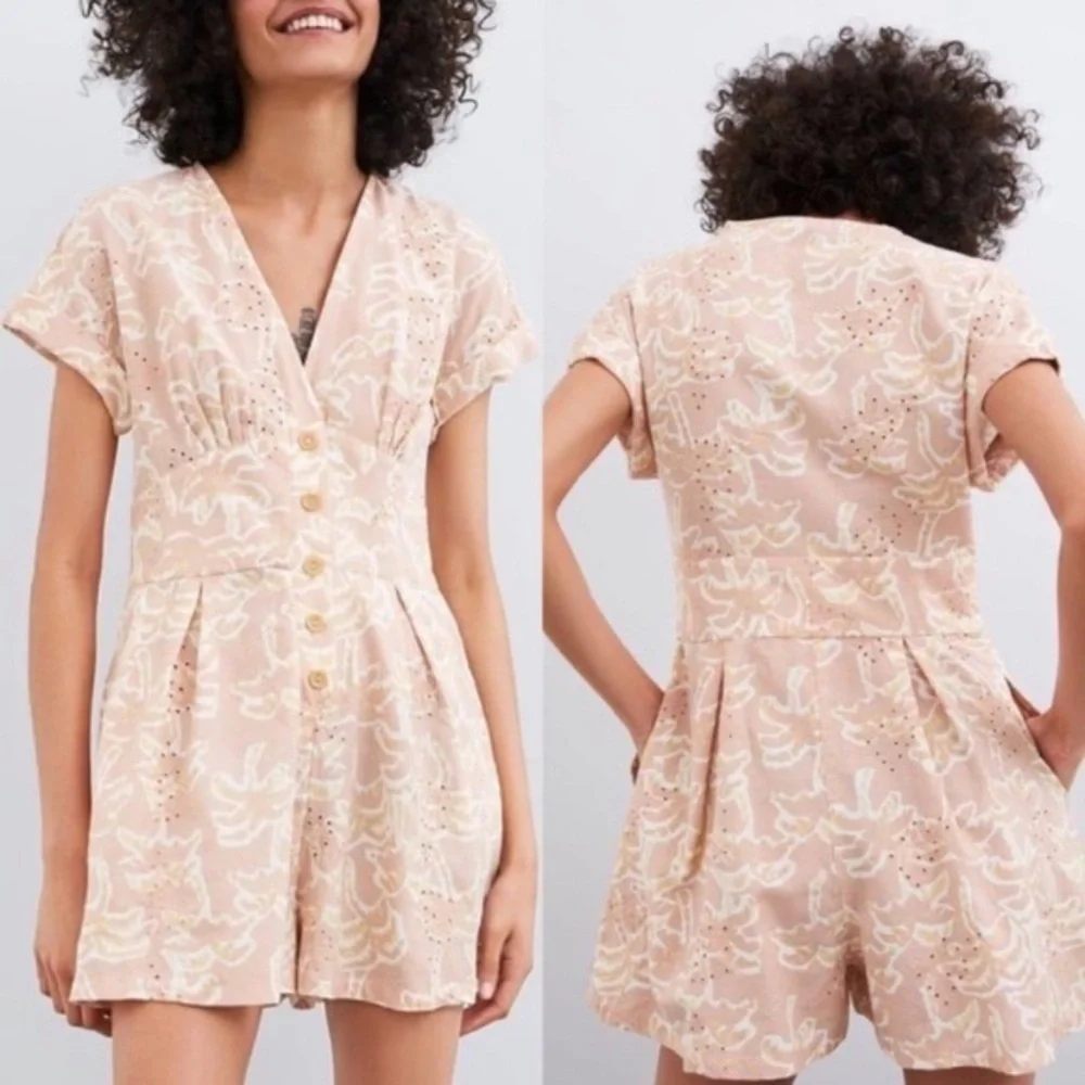 “ZARA” Linen Blend Palm Trees Button Down Romper
